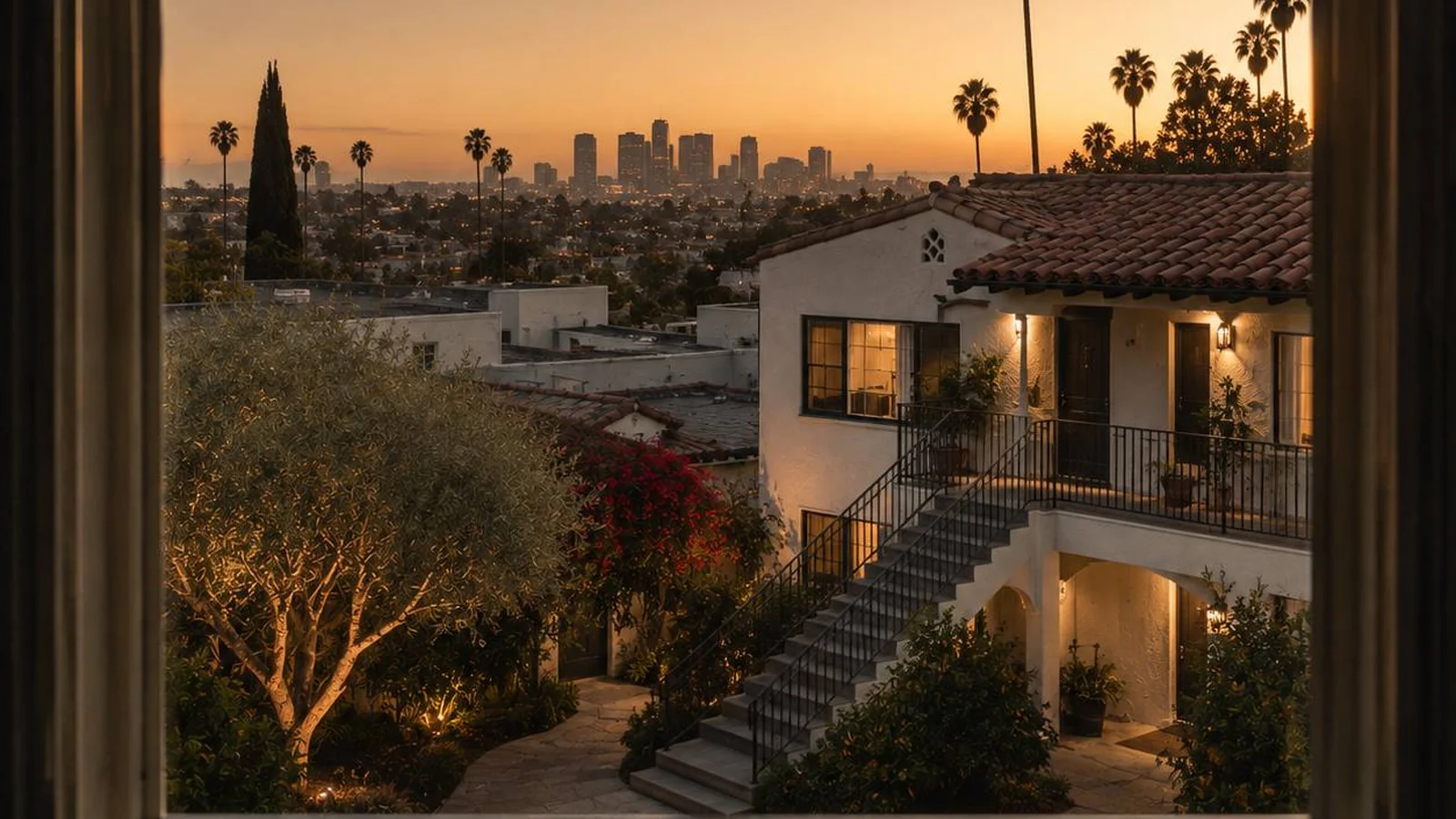 California apartment courtyard with abstract data bands reflected in glass