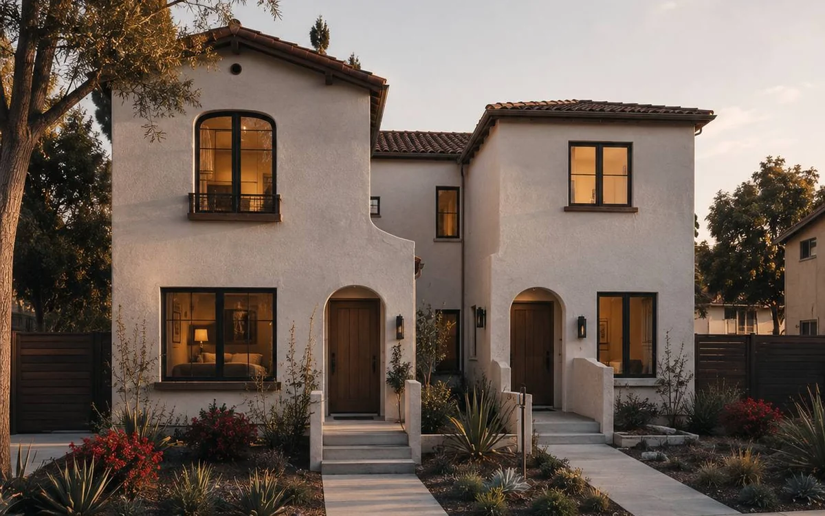 Golden-hour exterior of a California duplex with two entrances