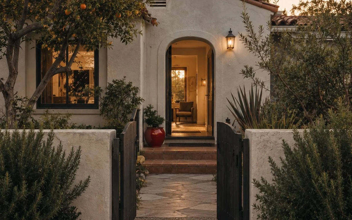 Open gate and garden path leading to a California bungalow